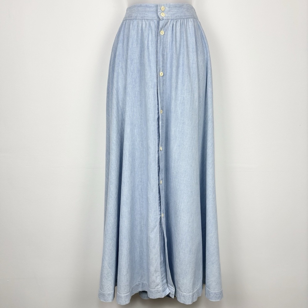 Vintage Ralph Lauren Skirt 14 Blue Cotton Maxi Button Front Western Boho Pockets
